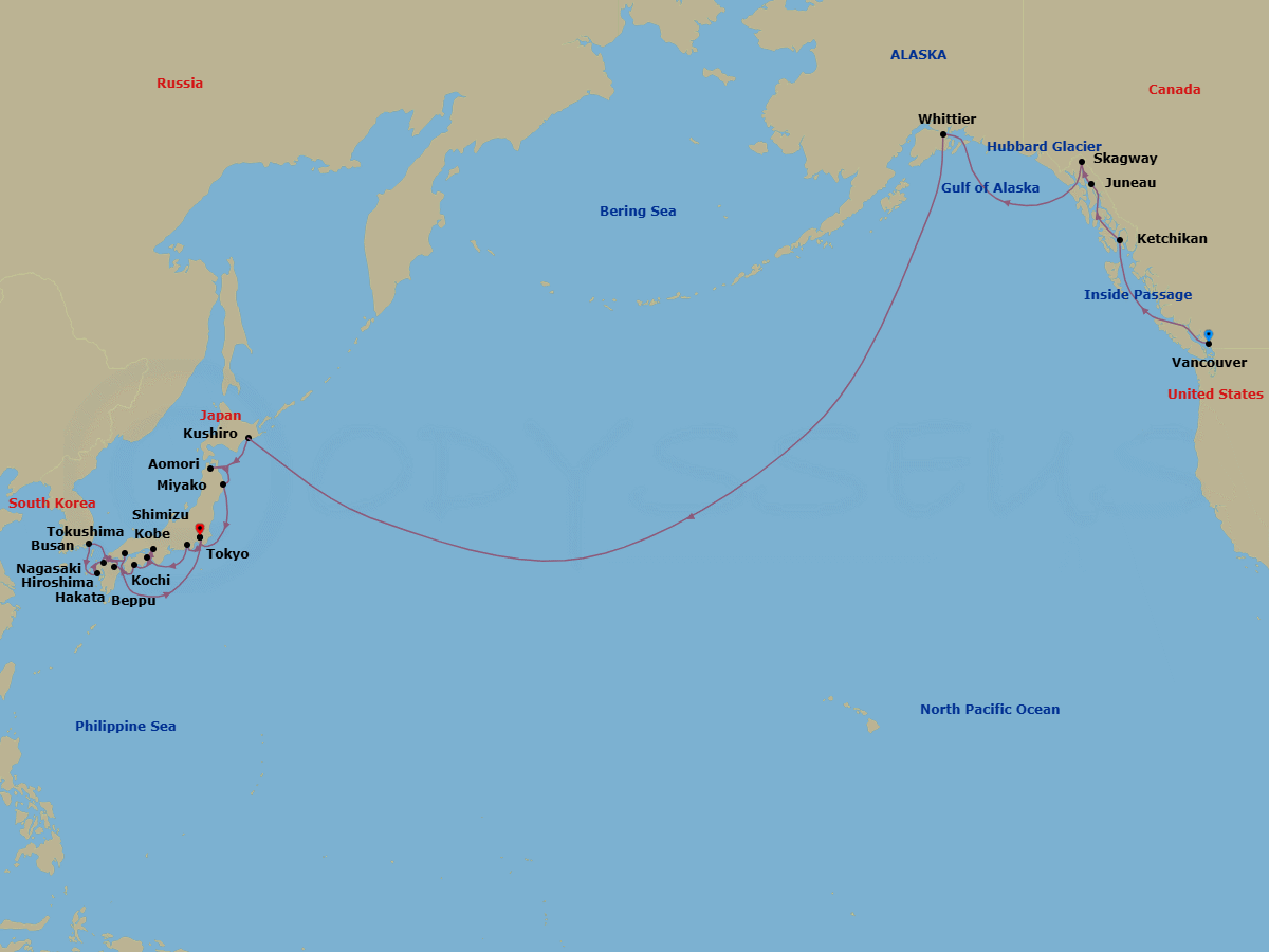 30 Night - The Painted East - Seven Seas Explorer - Starting in Vancouver, Cruising the Inside Passage, Ketchikan, Juneau, Skagway, Cruising Hubbard Glacier, Anchorage (Whittier), Cruising the Pacific Ocean, Crossing the International Date Line, Cruising the Pacific Ocean, Kushiro, Aomori, Miyako, Cruising the Pacific Ocean, Tokyo, Shimizu, Tokushima, Kyoto (Kobe), Kochi, Hiroshima, Cruising the Kanmon Straits, Busan, Nagasaki, Hakata, Cruising the Kanmon Straits, Beppu, Cruising the Philippine Sea, Tokyo itinerary map