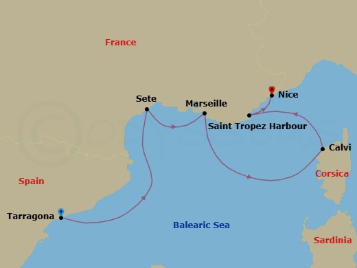 5 Night - From Riviera Glamour to Corsican Charm - Le Boreal - Starting in Tarragona, Sete, Marseille, Calvi, Corsica, Saint-Tropez, Nice itinerary map