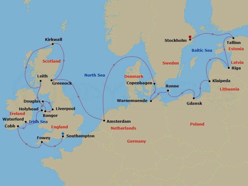 24 Night - Crowns & Currents - Seven Seas Voyager - Starting in London (Southampton), Fowey, Cork (Cobh), Waterford, Holyhead, Douglas, Liverpool, Bangor UK, Glasgow (Greenock), Cruising the Atlantic Ocean, Kirkwall (Orkney Islands), Edinburgh (Leith), Cruising the North Sea, Amsterdam, Cruising the North Sea and the Skagerrak, Copenhagen, Berlin (Warnemunde), Ronne, Gdansk (Gdynia), Klaipeda, Riga, Cruising the Baltic Sea, Tallinn, Stockholm itinerary map