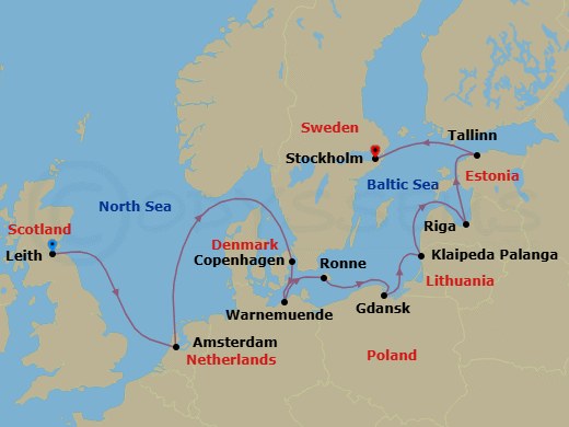 12 Night - Spotlight with Mark & Kate Bittman - Seven Seas Voyager - Starting in Edinburgh (Leith), Cruising the North Sea, Amsterdam, Cruising the North Sea and the Skagerrak, Copenhagen, Berlin (Warnemunde), Ronne, Gdansk (Gdynia), Klaipeda, Riga, Cruising the Baltic Sea, Tallinn, Stockholm itinerary map