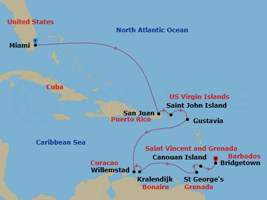 12 Night - Miami to Bridgetown - Silver Spirit - Starting in Miami, Fl, San Juan, St John VI, Gustavia, St Barthelemy, Willemstad AN, Curacao, Kralendijk, Bonaire, St Georges, Canouan, Bridgetown itinerary map