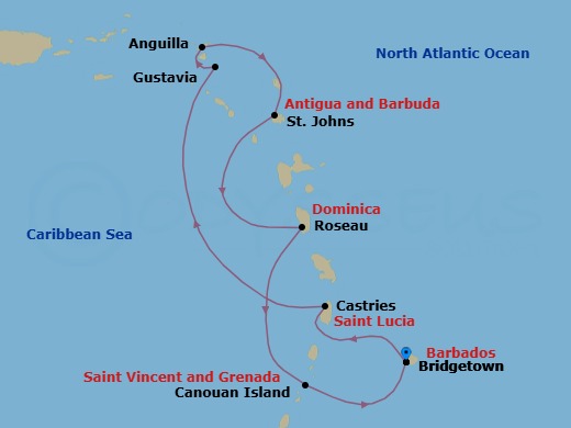 7 Night - Bridgetown to Bridgetown - Silver Spirit - Starting in Bridgetown, Castries, St Lucia, Gustavia, St Barthelemy, Anguilla, St Johns, Roseau, Canouan, Bridgetown itinerary map