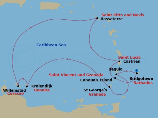 10 Night - Bridgetown to Bridgetown - Silver Spirit - Starting in Bridgetown, Bequia, St Georges, Kralendijk, Bonaire, Willemstad AN, Curacao, St Kitts (Basseterre), Castries, St Lucia, Canouan, Bridgetown itinerary map