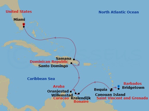 12 Night - Bridgetown to Miami - Silver Spirit - Starting in Bridgetown, Bequia, Canouan, Kralendijk, Bonaire, Willemstad AN, Curacao, Oranjestad, Aruba, Santo Domingo, Samana, Miami, Fl itinerary map