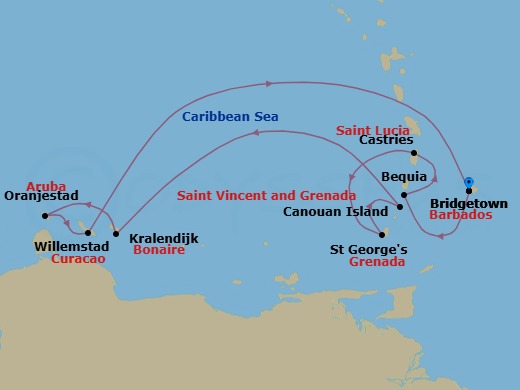 10 Night - Bridgetown to Bridgetown - Silver Spirit - Starting in Bridgetown, Bequia, Castries, St Lucia, St Georges, Canouan, Kralendijk, Bonaire, Oranjestad, Aruba, Willemstad AN, Curacao, Bridgetown itinerary map