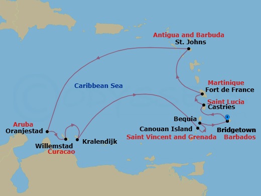 11 Night - Bridgetown to Bridgetown - Silver Spirit - Starting in Bridgetown, Castries, St Lucia, Fort-de-France, St Johns, Oranjestad, Aruba, Willemstad AN, Curacao, Kralendijk, Bonaire, Canouan, Bequia, Bridgetown itinerary map