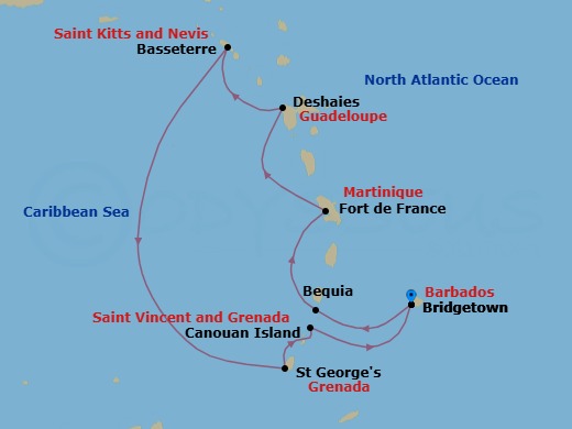 8 Night - Bridgetown to Bridgetown - Silver Spirit - Starting in Bridgetown, Bequia, Fort-de-France, Deshaies, St Kitts (Basseterre), St Georges, Canouan, Bridgetown itinerary map