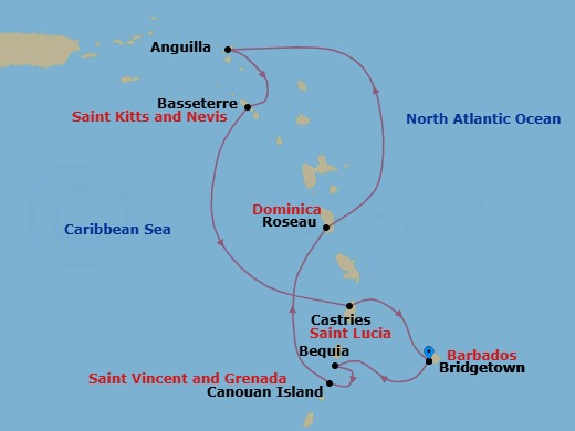 8 Night - Bridgetown to Bridgetown - Silver Spirit - Starting in Bridgetown, Bequia, Canouan, Roseau, Anguilla, St Kitts (Basseterre), Castries, St Lucia, Bridgetown itinerary map