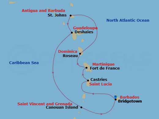 7 Night - Bridgetown to Bridgetown - Silver Spirit - Starting in Bridgetown, Castries, St Lucia, Fort-de-France, Roseau, St Johns, Deshaies, Canouan, Bridgetown itinerary map