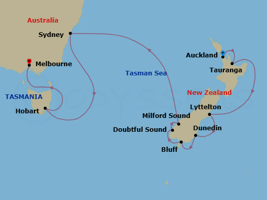 16 Night - Auckland to Melbourne - Silver Whisper - Starting in Auckland, Tauranga, Lyttelton (Christchurch), Dunedin (Port Chalmers), Bluff, Cruising Doubtful Sound, Cruising Milford Sound, Sydney AU, Hobart, Tasmania, Melbourne itinerary map