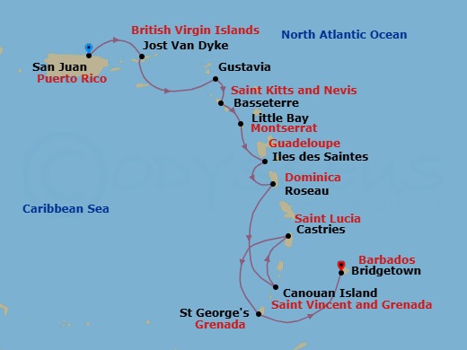 10 Night - San Juan to Bridgetown - Silver Shadow - Starting in San Juan, Jost Van Dyke, British Virgin Islands, Gustavia, St Barthelemy, St Kitts (Basseterre), Little Bay, Montserrat, Les Saintes, Roseau, Canouan, Castries, St Lucia, St Georges, Bridgetown itinerary map
