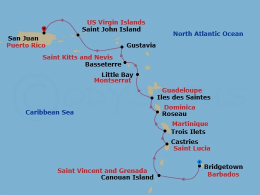 10 Night - Bridgetown to San Juan - Silver Shadow - Starting in Bridgetown, Canouan, Castries, St Lucia, Trois Ilets, Roseau, Les Saintes, Little Bay, Montserrat, St Kitts (Basseterre), Gustavia, St Barthelemy, St John VI, San Juan itinerary map