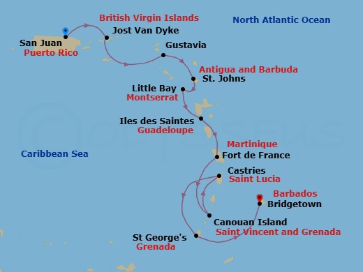 10 Night - San Juan to Bridgetown - Silver Shadow - Starting in San Juan, Jost Van Dyke, British Virgin Islands, Gustavia, St Barthelemy, St Johns, Little Bay, Montserrat, Les Saintes, Fort-de-France, Canouan, Castries, St Lucia, St Georges, Bridgetown itinerary map