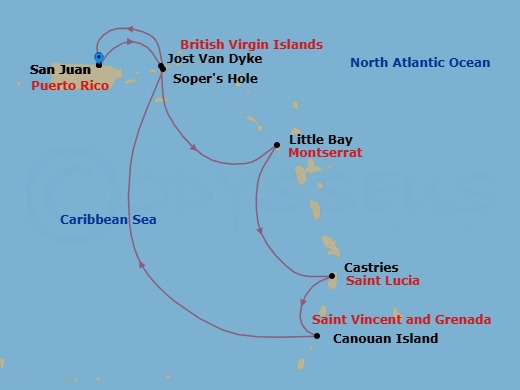 7 Night - San Juan to San Juan - Silver Shadow - Starting in San Juan, Jost Van Dyke, British Virgin Islands, Little Bay, Montserrat, Castries, St Lucia, Canouan, Sopers Hole, San Juan itinerary map