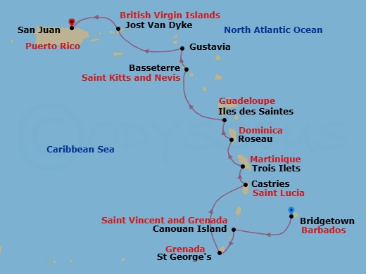 10 Night - Bridgetown to San Juan - Silver Shadow - Starting in Bridgetown, Canouan, St Georges, Castries, St Lucia, Trois Ilets, Roseau, Les Saintes, St Kitts (Basseterre), Gustavia, St Barthelemy, Jost Van Dyke, British Virgin Islands, San Juan itinerary map