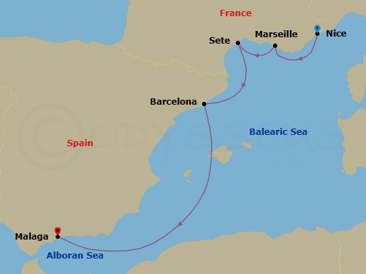 5 Night - Nice to Malaga - Silver Shadow - Starting in Nice, Marseille, Sete, Barcelona, Malaga (Costa del Sol) itinerary map