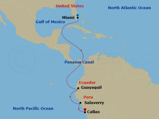 12 Night - World Cruise : Panama Canal to Callao - Seabourn Quest - Starting in Miami, Florida, Enter Panama Canal Cristobal, Cruising Panama Canal, Exit Panama Canal Balboa, Crossing the Equator, Guayaquil, Ecuador, Salaverry (Trujillo), Peru, Callao (Lima), Peru itinerary map