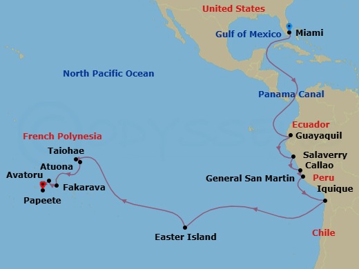 35 Night - World Cruise : Panama Canal Crossing & Polynesia - Seabourn Quest - Starting in Miami, Florida, Enter Panama Canal Cristobal, Cruising Panama Canal, Exit Panama Canal Balboa, Crossing the Equator, Guayaquil, Ecuador, Salaverry (Trujillo), Peru, Callao (Lima), Peru, General San Martin (Pisco), Peru, Iquique, Chile, Easter Island, Chile, Taiohae, Nuku Hiva, French Polynesia, Atuona, Hiva Oa, French Polynesia, Fakarava, Tuamotu, French Polynesia, Avatoru, Rangiroa, French Polynesia, Papeete, French Polynesia itinerary map