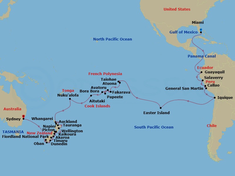 62 Night - World Cruise : Panama Canal, Polynesia & New Zealand - Seabourn Quest - Starting in Miami, Florida, Enter Panama Canal Cristobal, Cruising Panama Canal, Exit Panama Canal Balboa, Crossing the Equator, Guayaquil, Ecuador, Salaverry (Trujillo), Peru, Callao (Lima), Peru, General San Martin (Pisco), Peru, Iquique, Chile, Easter Island, Chile, Taiohae, Nuku Hiva, French Polynesia, Atuona, Hiva Oa, French Polynesia, Fakarava, Tuamotu, French Polynesia, Avatoru, Rangiroa, French Polynesia, Papeete, French Polynesia, Bahia d Opunoha, Moorea, French Polynesia, Bora Bora, French Polynesia, Aitutaki, Cook Islands, Cross International Dateline, Nuku Alofa, Tonga, Whangarei, New Zealand, Auckland, New Zealand, Tauranga (Rotorua), New Zealand, Napier, New Zealand, Wellington, New Zealand, Picton, New Zealand, Kaikoura, New Zealand, Akaroa (Christchurch), New Zealand, Timaru, New Zealand, Port Chalmers (Dunedin), New Zealand, Oban NZ, Stewart Island, New Zealand, Cruising Fiordland Natl Park itinerary map