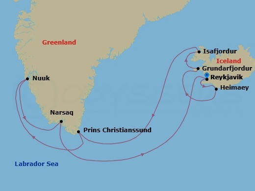 11 Night - Fabulous Fjords - Oceania Marina - Starting in Reykjavik, Heimaey, Grundarfjordur, Isafjordur, Cruising Prince Christian Sound, Nuuk, Narsaq, Reykjavik itinerary map
