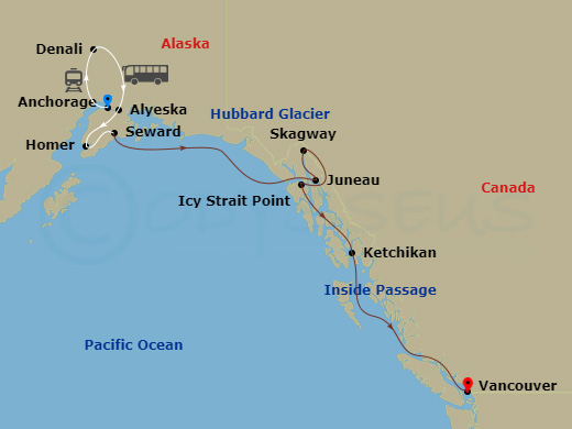 13 Night - Homer Discovery & Heartland Ct # 10B - Celebrity Solstice Tours - Starting in Anchorage, Alaska, Denali, Alaska, Alyeska (Girdwood), Alaska, Homer, Alaska, Alyeska (Girdwood), Alaska, Homer, Alaska, Seward, Alaska, Hubbard Glacier (Cruising), Juneau, Alaska, Skagway, Alaska, Icy Strait Point, Alaska, Ketchikan, Alaska, Inside Passage (Cruising), Vancouver, British Columbia itinerary map