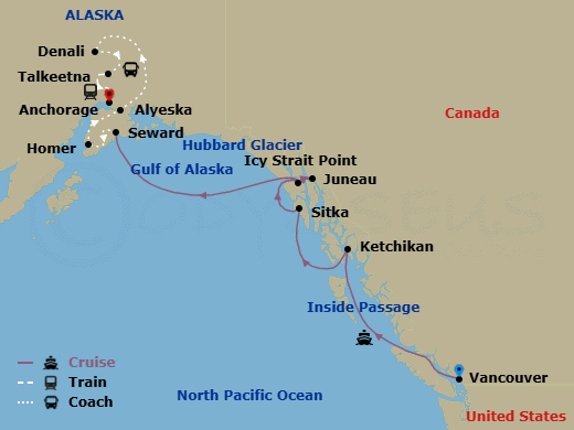 13 Night - Homer Discovery and Heartland Ct10a - Celebrity Solstice Tours - Starting in Vancouver, British Columbia, Inside Passage (Cruising), Ketchikan (Ward Cove), Alaska, Sitka, Alaska, Icy Strait Point, Alaska, Juneau, Alaska, Hubbard Glacier (Cruising), Seward, Alaska, Homer, Alaska, Alyeska (Girdwood), Alaska, Denali, Alaska, Talkeetna, Alaska, Anchorage, Alaska itinerary map
