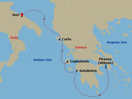 4 Night - Mediterranean - MSC Orchestra - Starting in Piraeus (Athens), Greece, Katakolon (Olympia), Greece, Cefalonia / Argostoli, Greece, Corfu, Greece, Bari, Italy itinerary map