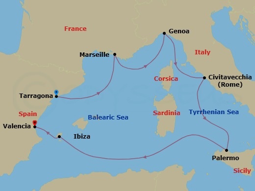 7 Night - Msc Grand Voyages - MSC Musica - Starting in Tarragona, Spain, Marseille (Provence), France, Genoa (Portofino), Italy, Civitavecchia (Rome), Italy, Palermo (Monreale), Italy, Ibiza (Balearic Islands), Spain, Valencia, Spain itinerary map