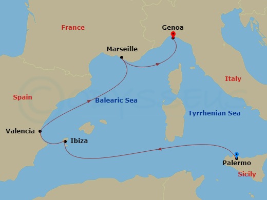 5 Night - Mediterranean - MSC Musica - Starting in Palermo (Monreale), Italy, Ibiza (Balearic Islands), Spain, Valencia, Spain, Marseille (Provence), France, Genoa (Portofino), Italy itinerary map