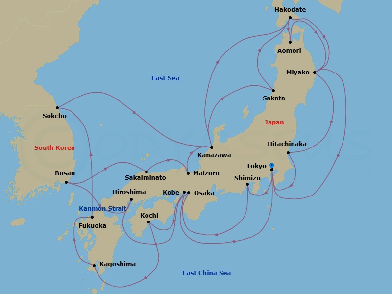 28 Night - Circle Japan - Noordam - Starting in Tokyo, Japan, Shimizu, Japan, Osaka, Japan, Hiroshima, Japan, Scenic Cruising Kanmon Straits, Busan (Pusan), South Korea, Sakaiminato, Japan, Scenic cruising Maizuru Bay, Maizuru, Japan, Kanazawa, Japan, Hakodate, Japan, Miyako, Japan, Hitachinaka, Japan, Tokyo, Japan, Kobe, Japan, Kochi, Japan, Kagoshima, Japan, Fukuoka (Hakata), Japan, Sokcho, South Korea, Kanazawa, Japan, Sakata, Japan, Hakodate, Japan, Aomori, Japan, Miyako, Japan, Tokyo, Japan itinerary map