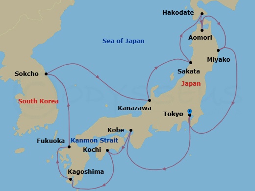 14 Night - Circle Japan - Noordam - Starting in Tokyo, Japan, Kobe, Japan, Kochi, Japan, Kagoshima, Japan, Fukuoka (Hakata), Japan, Sokcho, South Korea, Kanazawa, Japan, Sakata, Japan, Hakodate, Japan, Aomori, Japan, Miyako, Japan, Tokyo, Japan itinerary map