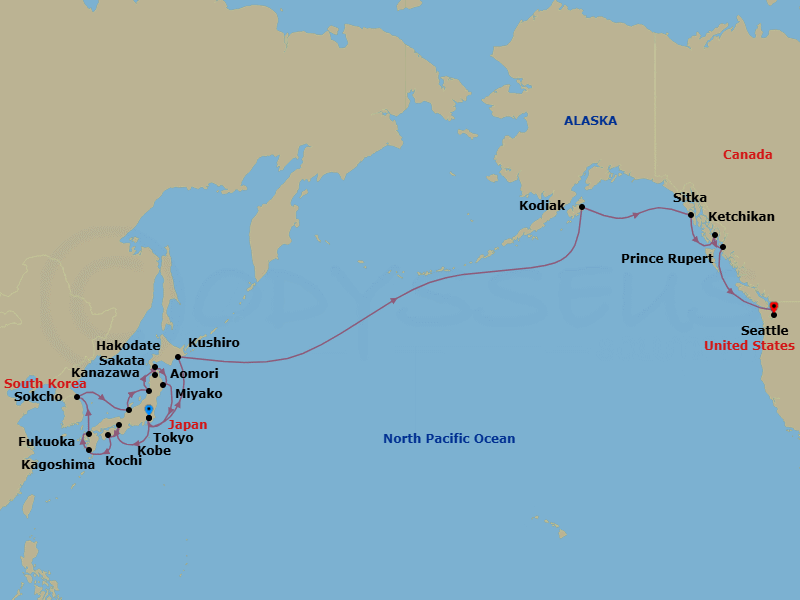 29 Night - Japan & North Pacific Crossing - Noordam - Starting in Tokyo, Japan, Kobe, Japan, Kochi, Japan, Kagoshima, Japan, Fukuoka (Hakata), Japan, Sokcho, South Korea, Kanazawa, Japan, Sakata, Japan, Hakodate, Japan, Aomori, Japan, Miyako, Japan, Tokyo, Japan, Kushiro, Japan, Cross International Dateline, Kodiak, Alaska, Sitka, Alaska, Ketchikan, Alaska, Prince Rupert, British Columbia, Canada, Seattle, Washington itinerary map