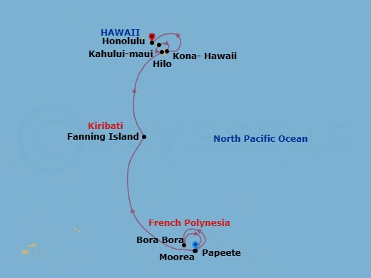 12 Night - Papeete, Tahiti / Honolulu, Oahu, Hawaii - Evrima - Starting in Papeete, Tahiti, Bora Bora, Moorea, Fanning Island, Kiribati, Kona, Hawaii, Kahului, Maui, Hawaii, Hilo, Hawaii, Honolulu, Oahu, Hawaii itinerary map