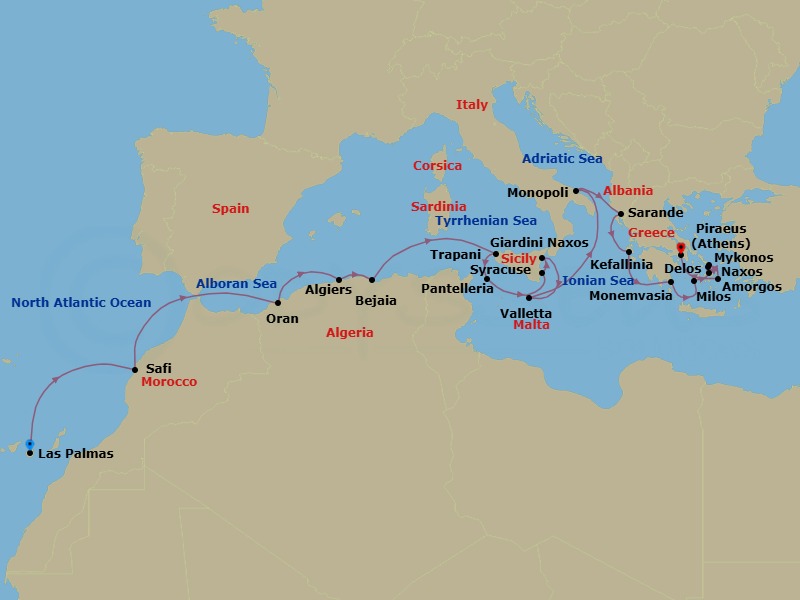 23 Night - Cruise from Las Palmas to Athens - Silver Wind - Starting in Las Palmas, Safi, Oran, Algiers, Bejaia, Trapani, Pantelleria, Siracusa, Giardini Naxos, Valletta, Monopoli, Sarande, Fiskardo, Monemvasia, Milos, Naxos, Delos, Mykonos, Amorgos, Athens itinerary map