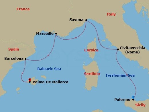 5 Night - Cruise from Palermo to Palma De Mallorca - Costa Toscana - Starting in Palermo, Civitavecchia (Rome), Savona, Marseille, Barcelona, Palma De Mallorca itinerary map