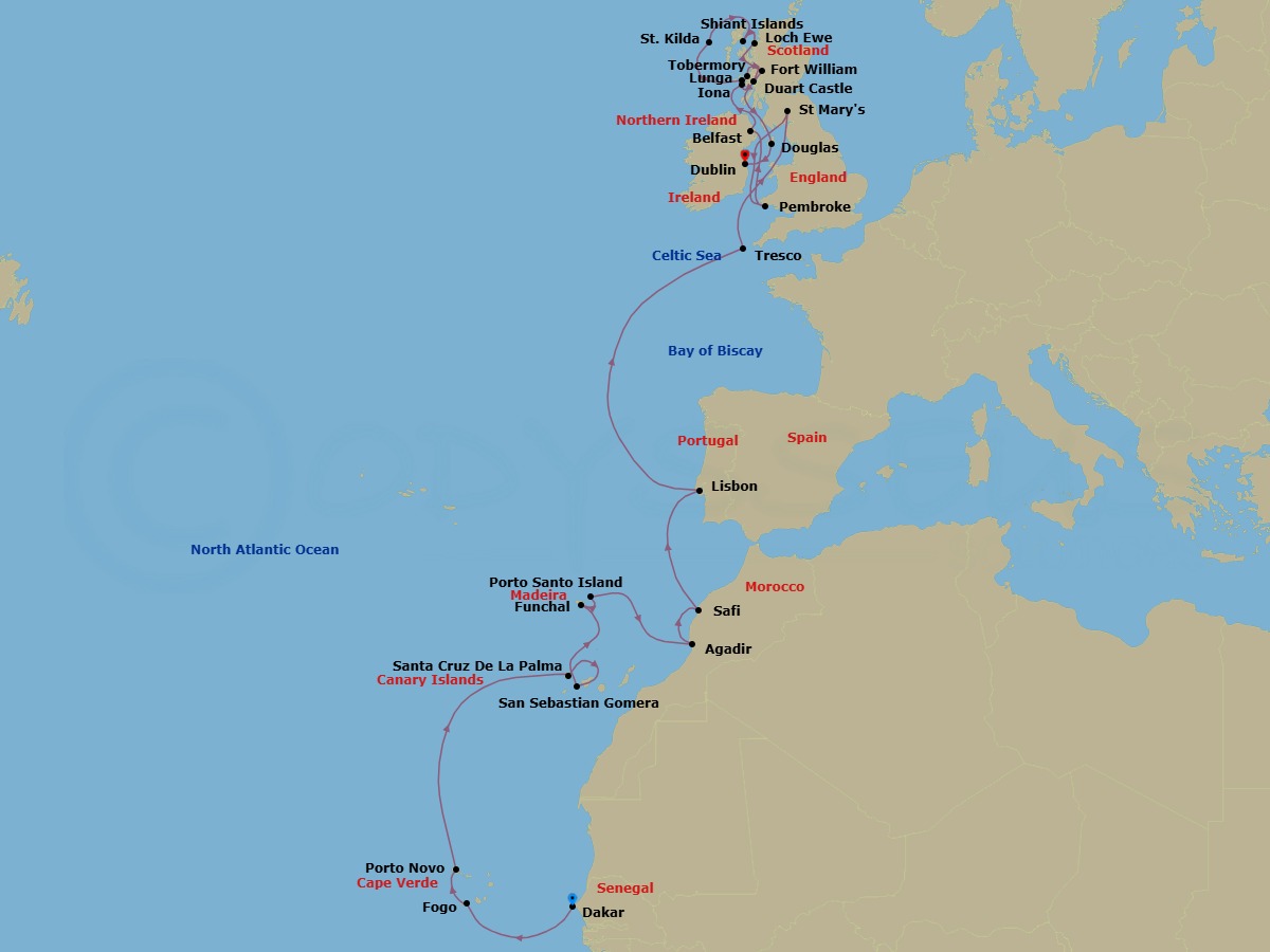 26 Night - Cruise from Dakar to Dublin - Silver Endeavour - Starting in Dakar, Fogo, Porto Novo, Santa Cruz de La Palma, San Sebastian, Funchal, Porto Santo, Agadir, Safi, Lisbon, Tresco, St Marys, Pembrokeshire National Park, Belfast, Iona, Lunga, St Kilda, Boreray Island, Shiant Islands, Loch Ewe, Fort William, Tobermory, Duart, Isle of Man, Dublin itinerary map