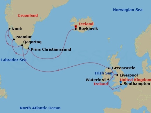 14 Night - Lands of Discovery - Seven Seas Mariner - Starting in London (Southampton), Cruising the Celtic Sea, Waterford, Liverpool, Greencastle, Cruising the Atlantic Ocean, Qaqortoq, Nuuk, Paamiut, Cruising Prince Christian Sound, Cruising the Atlantic Ocean, Reykjavik itinerary map