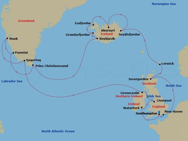 24 Night - Wild North Journey - Seven Seas Mariner - Starting in London (Southampton), Cruising the Celtic Sea, Waterford, Liverpool, Greencastle, Cruising the Atlantic Ocean, Qaqortoq, Nuuk, Paamiut, Cruising Prince Christian Sound, Cruising the Atlantic Ocean, Reykjavik, Grundarfjordur, Isafjordur, Akureyri, Seydisfjodur, Cruising the Norwegian Sea, Lerwick (Shetland Islands), Invergordon, United Kingdom, Edinburgh (Newhaven), Cruising the North Sea, London (Southampton) itinerary map