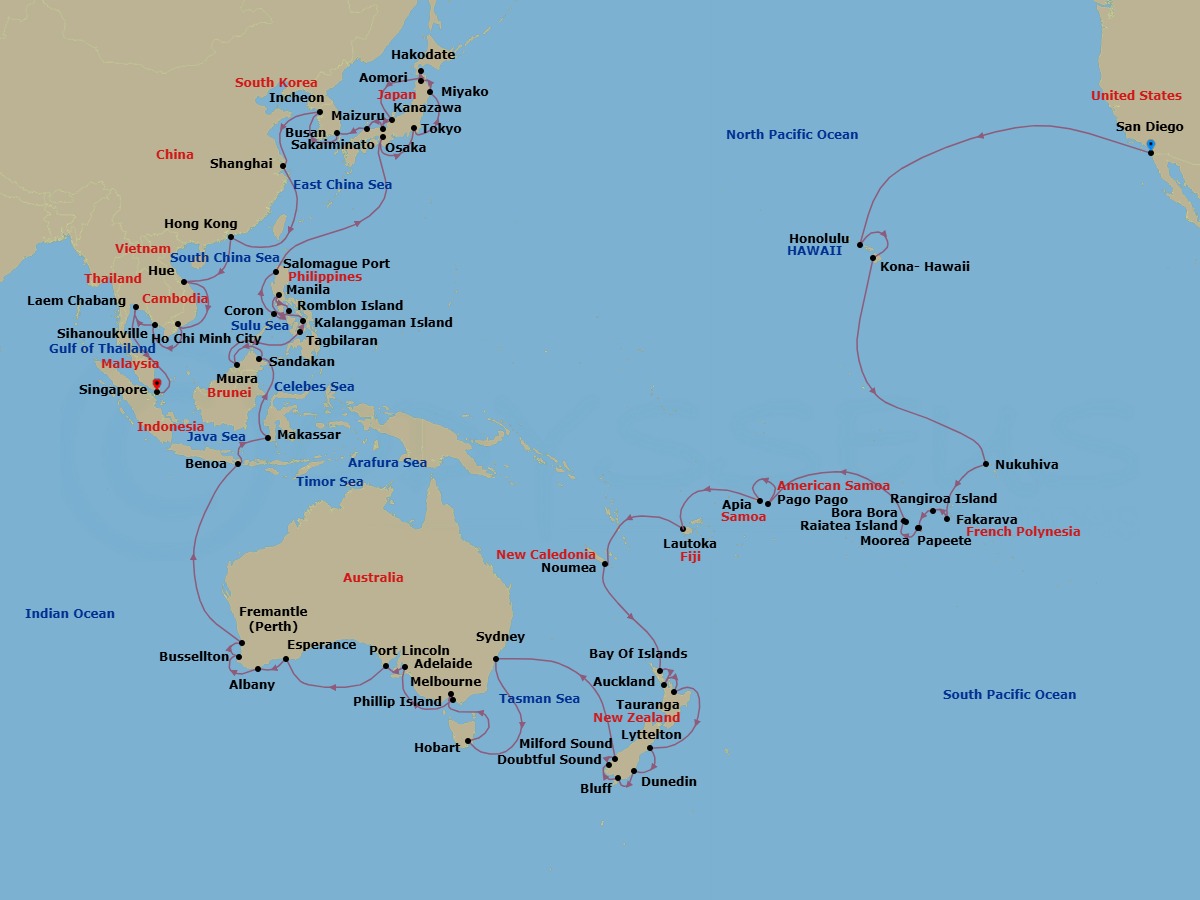125 Night - Cruise from San Diego to Singapore - Silver Whisper - Starting in San Diego, Honolulu, Kailua Kona, Nuku Hiva, Fakarava, Rangiroa, Papeete, Moorea Island, Bora Bora, Motu Tapu, Raiatea, Pago Pago, Date Line lose a day, Apia, Lautoka, Noumea, Bay of Islands, Auckland, Tauranga, Lyttelton, Dunedin, Bluff, Doubtful Sound, Milford Sound, Sydney AU, Hobart, Melbourne, Phillip Island, Adelaide, Port Lincoln, Esperance, Albany AU, Busselton, Fremantle, Benoa, Makassar, Sandakan, Muara, Bohol, Kalanggaman private island, Manila, Romblon Island, Coron, Vigan, Osaka, Tokyo, Miyako, Aomori, Hakodate, Kanazawa, Maizuru, Sakaiminato, Busan, Incheon, Shanghai, Hong Kong, Ha Long Bay, Chan May, Ho Chi Minh City, Sihanoukville, Bangkok itinerary map