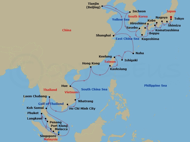 51 Night - Japan from Singapore to Tokyo - Silver Muse - Starting in Singapore, Phuket, Langkawi, Penang, Port Klang, Malacca, Koh Samui, Bangkok, Ho Chi Minh City, Nha Trang, Chan May, Ha Long Bay, Hong Kong, Kaohsiung, Keelung, Ishigaki-jima, Naha / Okinawa, Shanghai, Tianjin, Incheon, Sasebo, Kagoshima, Hiroshima, Beppu, Kobe, Komatsushima, Nagoya, Shimizu, Tokyo itinerary map