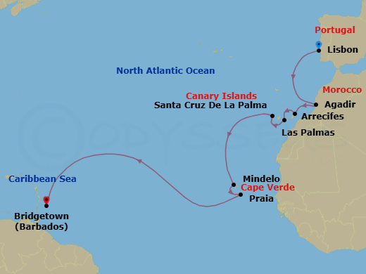 15 Night - Lisbon to Bridgetown - Silver Spirit - Starting in Lisbon, Agadir, Arrecife, Canary Islands, Las Palmas, Canary Islands, Santa Cruz de La Palma, Mindelo, Praia, Bridgetown itinerary map