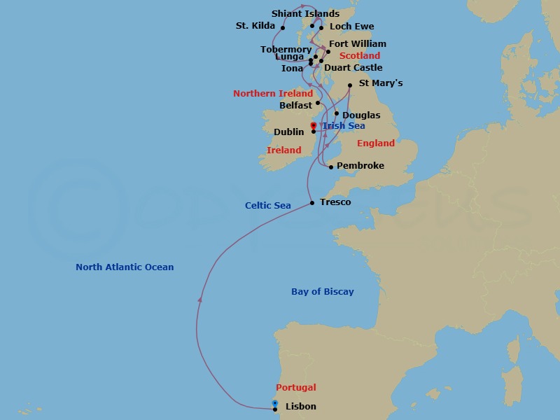 12 Night - Lisbon to Dublin - Silver Endeavour - Starting in Lisbon, Tresco, Isles of Scilly, St Marys (Isles of Scilly), Pembrokeshire National Park, Belfast, Iona, Lunga, St Kilda, Boreray Island cruising, Shiant Islands, Scotland, Loch Ewe, Fort William, Scotland, Tobermory, Isle of Mull, Duart, Isle of Mull, Hebrides, Isle of Man (Douglas), Dublin itinerary map