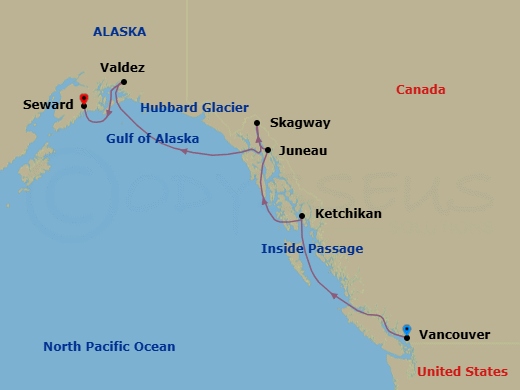 7 Night - Vancouver to Seward (Anchorage) - Silver Whisper - Starting in Vancouver, Cruise Inside Passage, Ketchikan, Alaska, Tracy Arm, Alaska, Juneau, Alaska, Skagway, Alaska, Icy Bay, Valdez, Alaska, Seward (Anchorage, Alaska) itinerary map