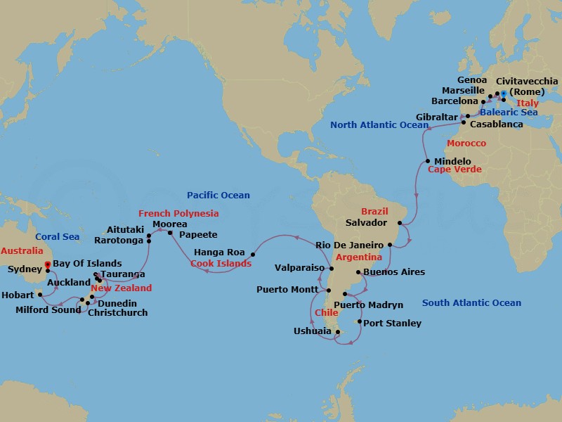 71 Night - Msc World Cruise - MSC Magnifica - Starting in Civitavecchia (Rome), Italy, Genoa (Portofino), Italy, Marseille (Provence), France, Barcelona, Spain, Gibraltar, Casablanca (Marrakesh), Morocco, Mindelo, Cape Verde, Salvador, Brazil, Rio De Janeiro, Brazil, Buenos Aires, Argentina, Puerto Madryn, Argentina, Port Stanley, Falkland Islands, Ushuaia, Argentina, Puerto Montt, Chile, Valparaiso, Chile, Hanga Roa (Rapa Nui), Chile, Bounty Bay Passage, Pitcairn, Papeete Tahiti, Moorea, French Polynesia, Aitutaki, Cook Islands, Rarotonga, Cook Islands, Bay of Islands, New Zealand, Auckland, New Zealand, Tauranga, New Zealand, Christchurch, New Zealand, Dunedin, New Zealand, Cruising Milford Sound, New Zealand, Hobart (Tasmania), Australia, Sydney AU, Australia itinerary map
