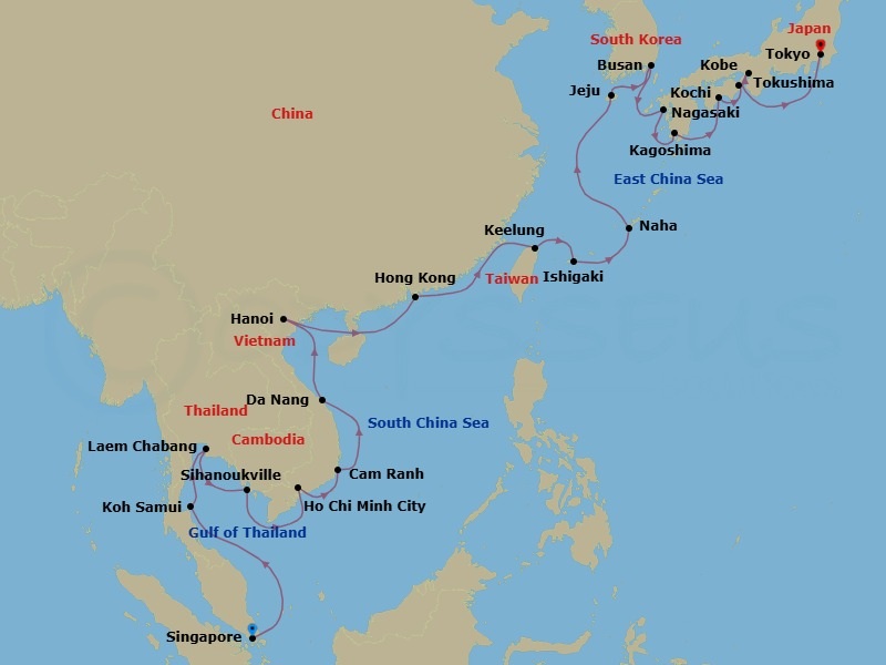 28 Night - Silk Roads to Samurai - Oceania Nautica - Starting in Singapore, Ko Samui, Bangkok (Laem Chabang), Sihanoukville, Saigon (Ho Chi Minh City), Cam Ranh, Hue (Da Nang), Hanoi (Ha Long Bay), Hong Kong, Taipei (Keelung), Ishigaki, Okinawa (Naha), Jeju, Busan, Nagasaki, Kagoshima, Kochi, Tokushima, Kyoto (Kobe), Tokyo itinerary map