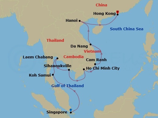14 Night - Golden Peninsulas - Oceania Nautica - Starting in Singapore, Ko Samui, Bangkok (Laem Chabang), Sihanoukville, Saigon (Ho Chi Minh City), Cam Ranh, Hue (Da Nang), Hanoi (Ha Long Bay), Hong Kong itinerary map