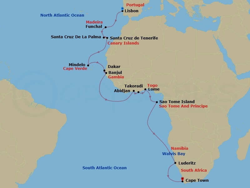 24 Night - Mystical Atlantic Africa - Oceania Sirena - Starting in Lisbon, Funchal (Madeira), Santa Cruz de La Palma, Santa Cruz de Tenerife, Mindelo (Sao Vicente), Dakar, Banjul, Abidjan, Sekondi / Takoradi, Lome, Sao Tome, Walvis Bay, Luderitz, Cape Town itinerary map