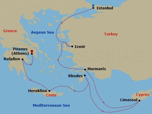 10 Night - Turkish Treasures - Seven Seas Voyager - Starting in Istanbul, Cruising the Aegean Sea, Izmir, Cruising the Aegean Sea, Marmaris, Limassol, Rhodes, Heraklion (Crete), Nafplion, Athens (Piraeus) itinerary map