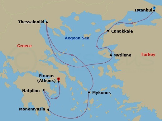 8 Night - Greece Intensive Cruise : Thessaloniki, Mykonos & Athens - Azamara Onward - Starting in Istanbul, Canakkale (Kepez), Mytilene, Lesbos, Thessaloniki, Mykonos, Monemvasia, Nafplio, Athens (Piraeus) itinerary map