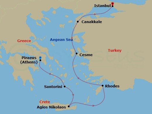 6 Night - Greece Intensive Cruise : Santorini, Crete & Rhodes - Azamara Onward - Starting in Athens (Piraeus), Santorini, Agios Nikolaos, (Crete), Rhodes, Cesme, Canakkale (Kepez), Istanbul itinerary map
